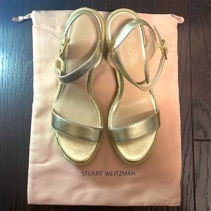 Stuart Weitzman Teddi Leather Espadrille Wedge Sandal GOLD